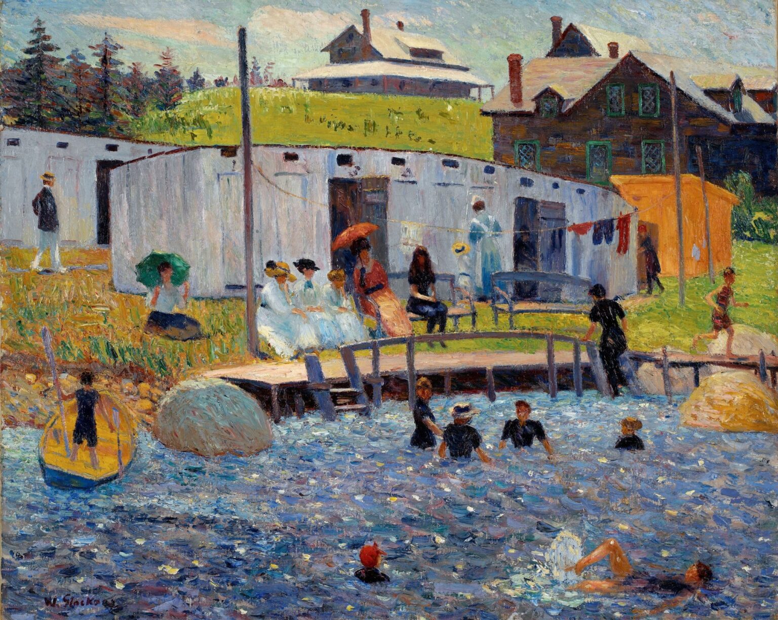 Impressionist seaside scene showing bathers in dark swimsuits playing near a wooden pier and colorful changing sheds, with grassy hills and Victorian cottages in the background.