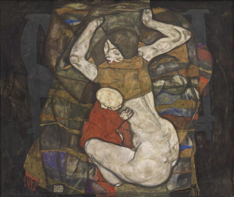 A nude young mother kneels on a richly patterned blanket, her pale back and hips curving as she leans forward to cradle a small child against her chest, all rendered in soft, luminous tones against deep earth hues.