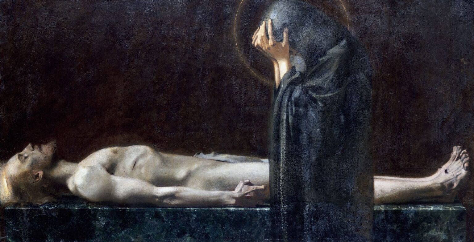 Oil painting of a reclining nude Christ on a marble slab, his stigmata‑marked body illuminated against a dark background, with the Virgin Mary cloaked in shadow and veiled grief standing beside him.
