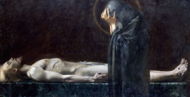 Oil painting of a reclining nude Christ on a marble slab, his stigmata‑marked body illuminated against a dark background, with the Virgin Mary cloaked in shadow and veiled grief standing beside him.