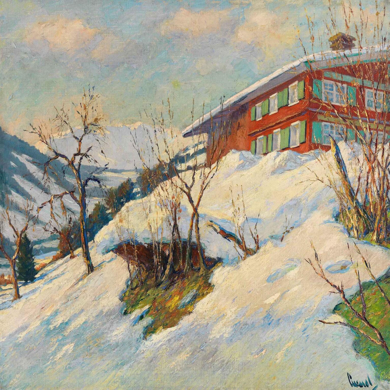 Impressionist oil painting of a red chalet perched on a snow-covered hillside under blue sky, with bare winter trees and distant snowy mountains illuminated by soft sunlight.