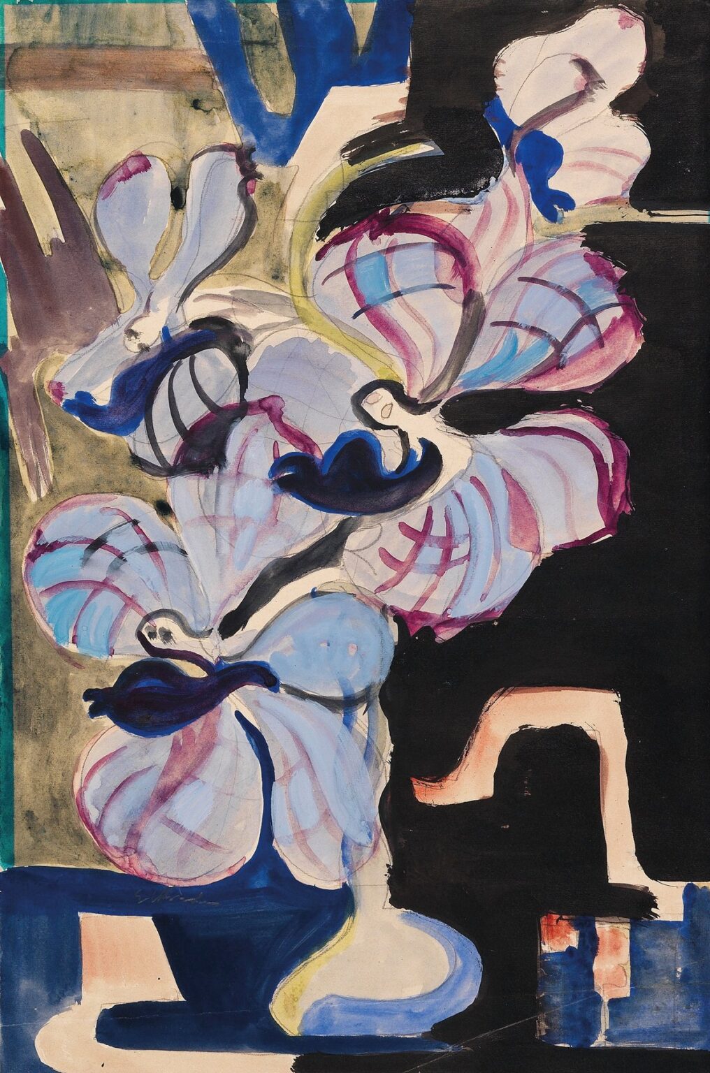 Expressionist still life by Ernst Ludwig Kirchner showing large orchid blossoms in pale blue and fuchsia above a deep blue vase, set against divided olive and black background fields.