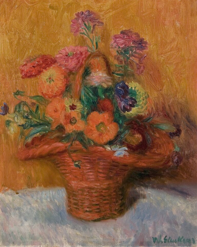 A red wicker basket filled with orange, pink, and purple zinnia flowers against a warm ochre background, painted in loose Impressionist brushstrokes.