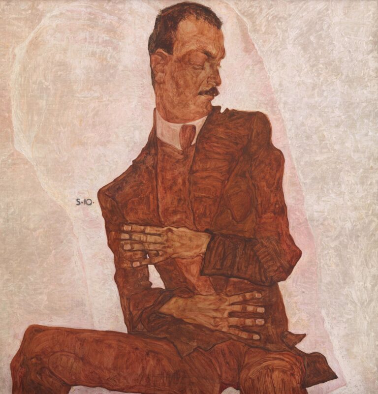 Angular, three-quarter-view portrait of a seated man in a russet suit, his arms crossed over his abdomen, rendered in earthy reds and browns against a chalky white background, with elongated hands and introspective gaze.