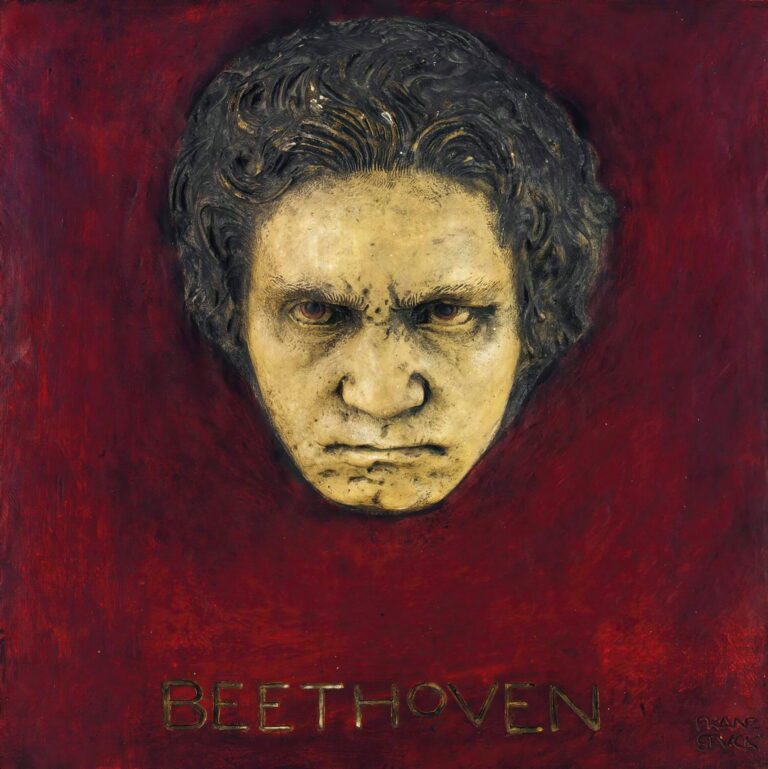 Oil painting showing Beethoven’s head in sculptural relief, with dark curly hair and a furrowed brow, set against a deep red background and the name “BEETHOVEN” inscribed in gold below.