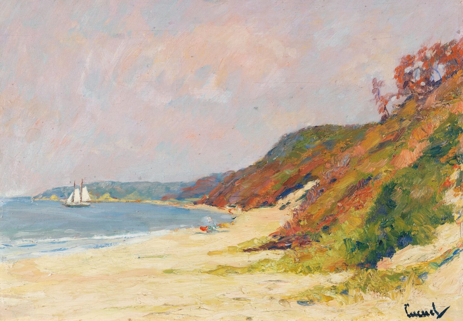 Impressionist oil painting of a wide sandy beach curving toward a rocky bluff, with colorful vegetation on the slope and a white-sailed boat on blue waters under a pale sky.