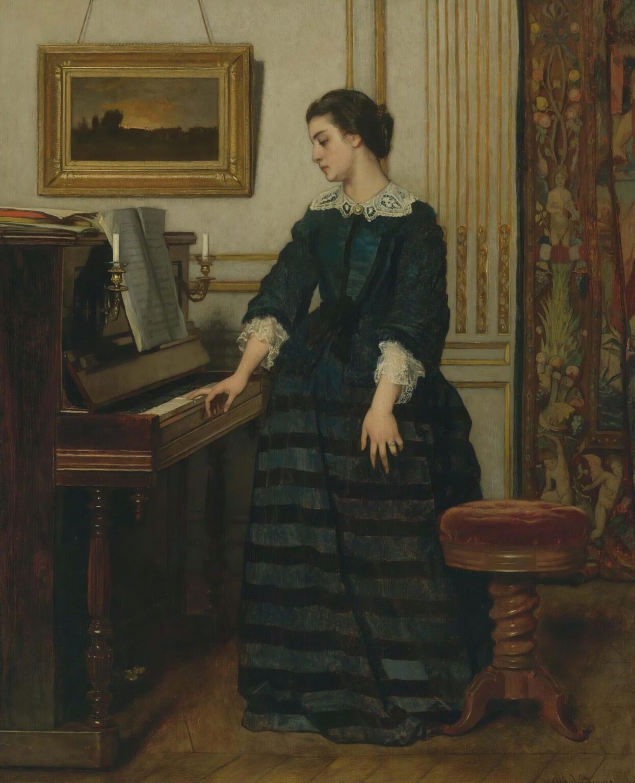 A young woman in a teal‑blue silk gown stands pensively beside a rosewood piano in an ornate salon, her hand poised above the keys and her gaze cast down toward an empty music score.