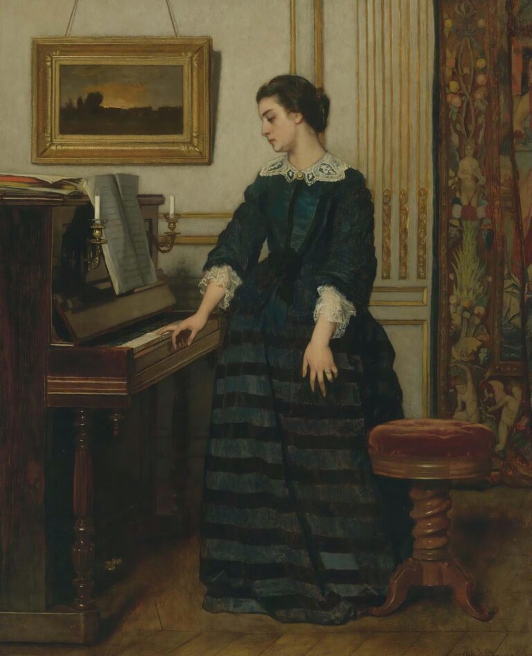 A young woman in a teal‑blue silk gown stands pensively beside a rosewood piano in an ornate salon, her hand poised above the keys and her gaze cast down toward an empty music score.