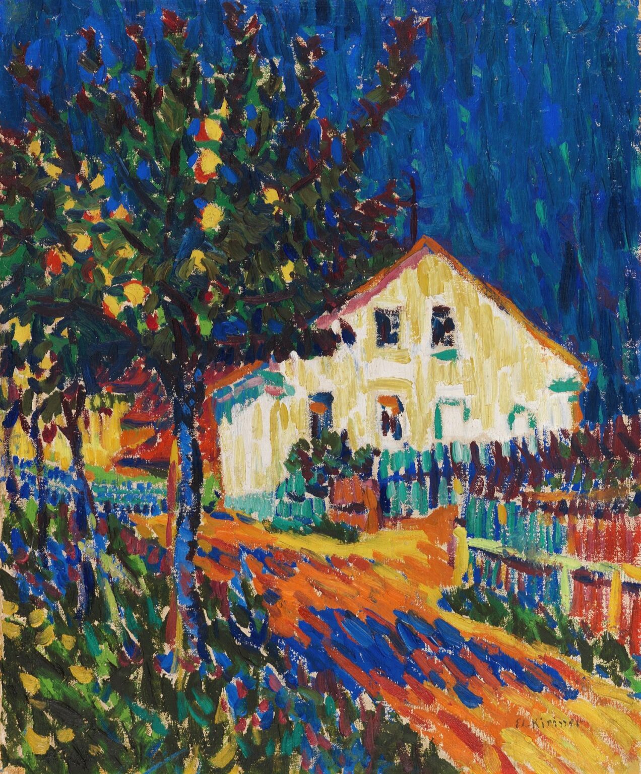 Expressionist landscape by Ernst Ludwig Kirchner depicting a winding village road flanked by apple trees in vibrant green and yellow foliage, leading past pale cottages under a sapphire-blue sky.