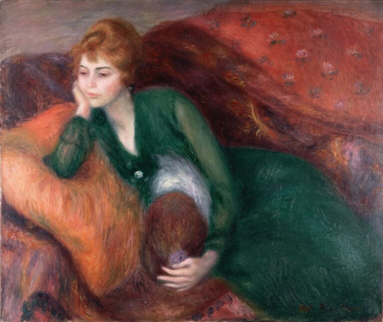 Oil painting of a young woman reclining on a red sofa, wearing a deep green dress and holding a red fur-trimmed hat, against a draped interior backdrop, rendered with expressive Impressionist brushwork by William James Glackens, 1915.