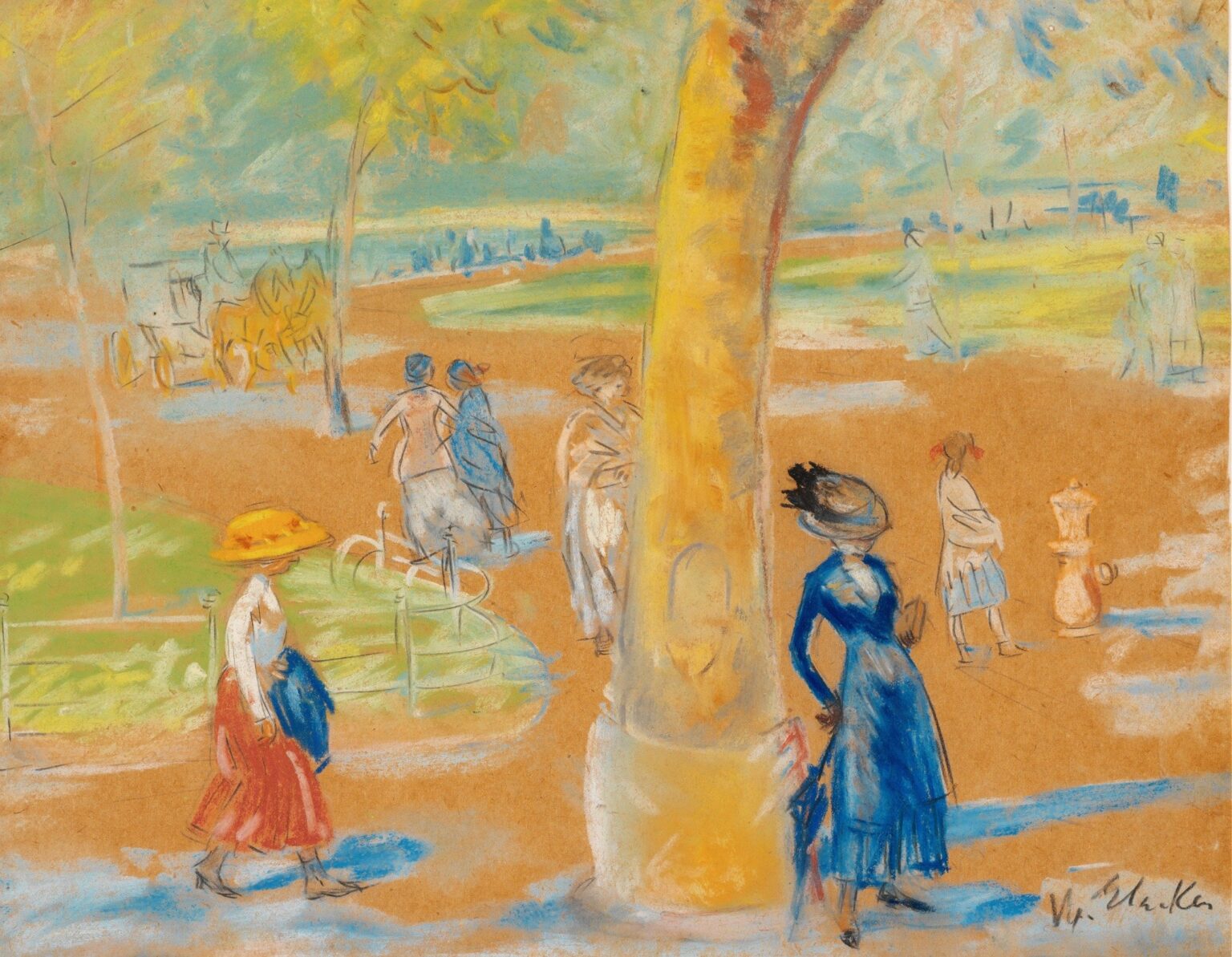 Impressionist pastel scene of a woman in a blue dress holding a parasol beneath a large tree trunk in Washington Square Park, with another lady in a red skirt and yellow umbrella walking nearby.