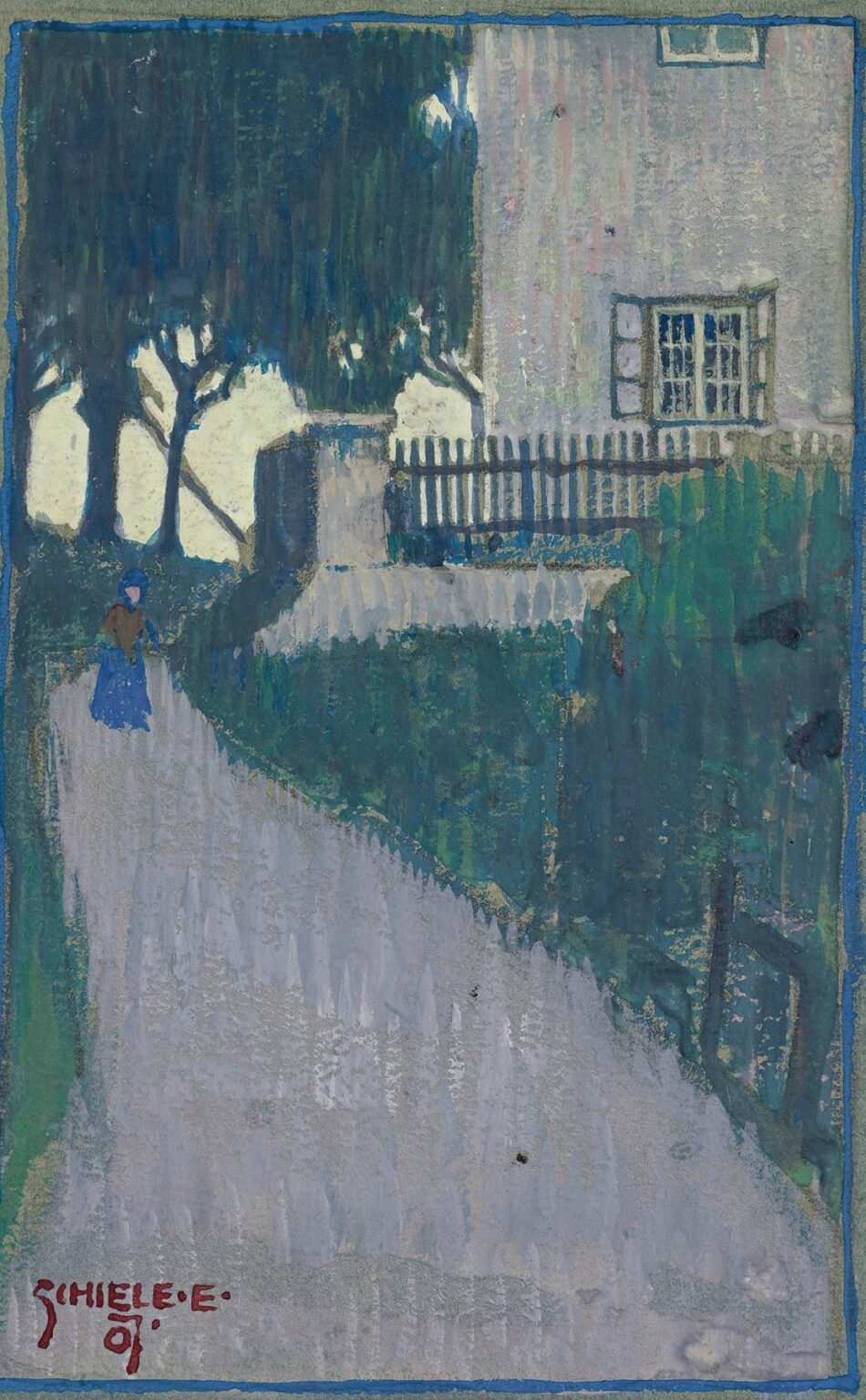 A winding country lane leads past a pale house behind a picket fence into tall, dark trees; a solitary woman in a blue skirt and brown jacket walks along the misty path, all set within a thin cobalt-blue border.