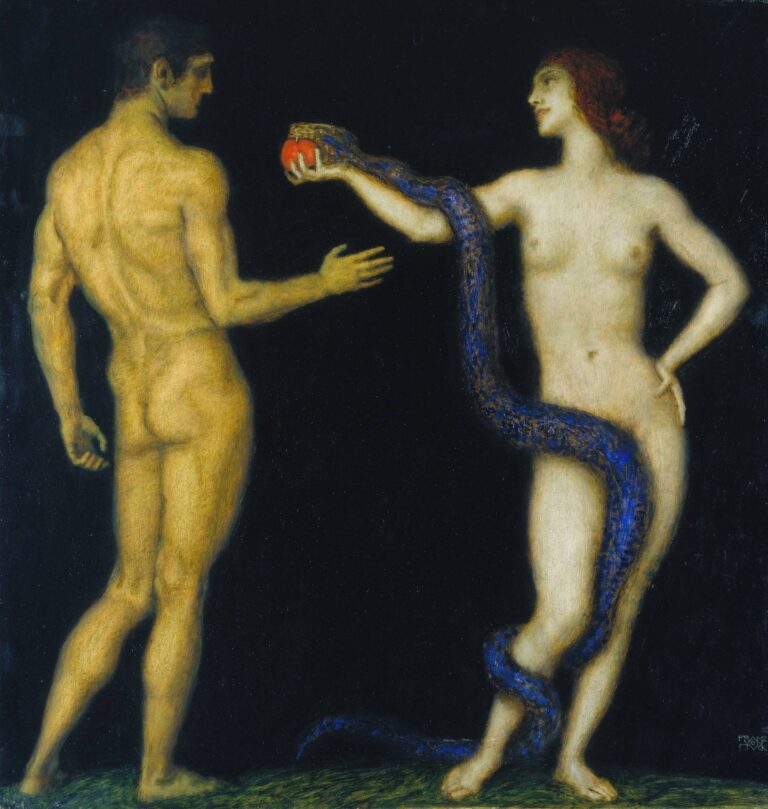 Oil painting depicting nude Eve holding a red fruit entwined with a deep‑blue serpent, offering it to Adam, whose back is toward the viewer, all set against a pitch‑black background.