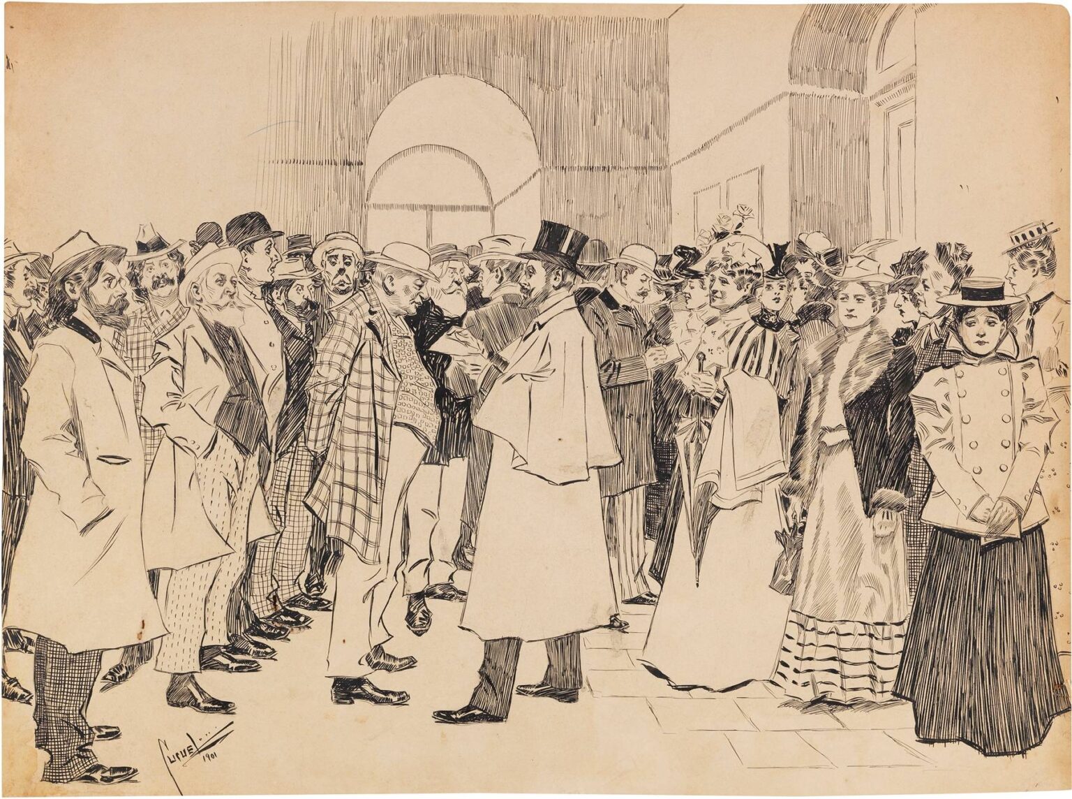 Black ink drawing of a crowded gallery hall scene showing groups of men and women in period attire under a large arched ceiling, observing artworks and conversing.