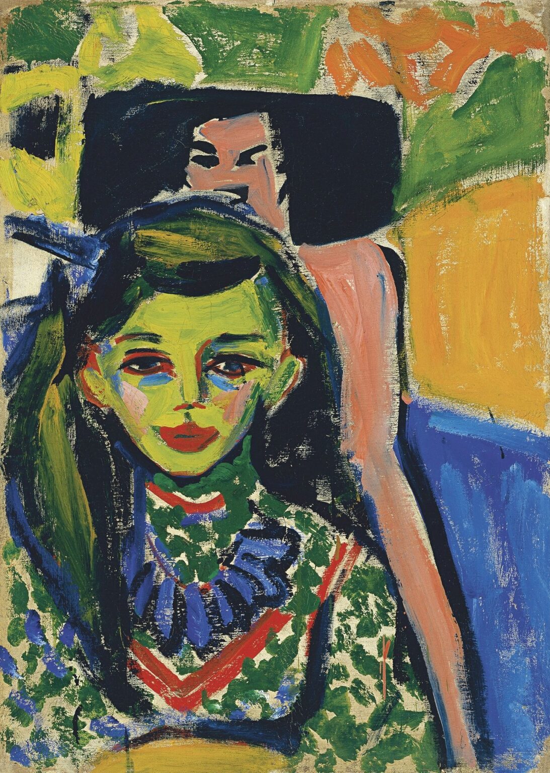 Expressionist portrait by Ernst Ludwig Kirchner depicting a young girl with dark hair seated before a stylized carved chair, painted with bold brushstrokes in reds, greens, blues, and ochres.