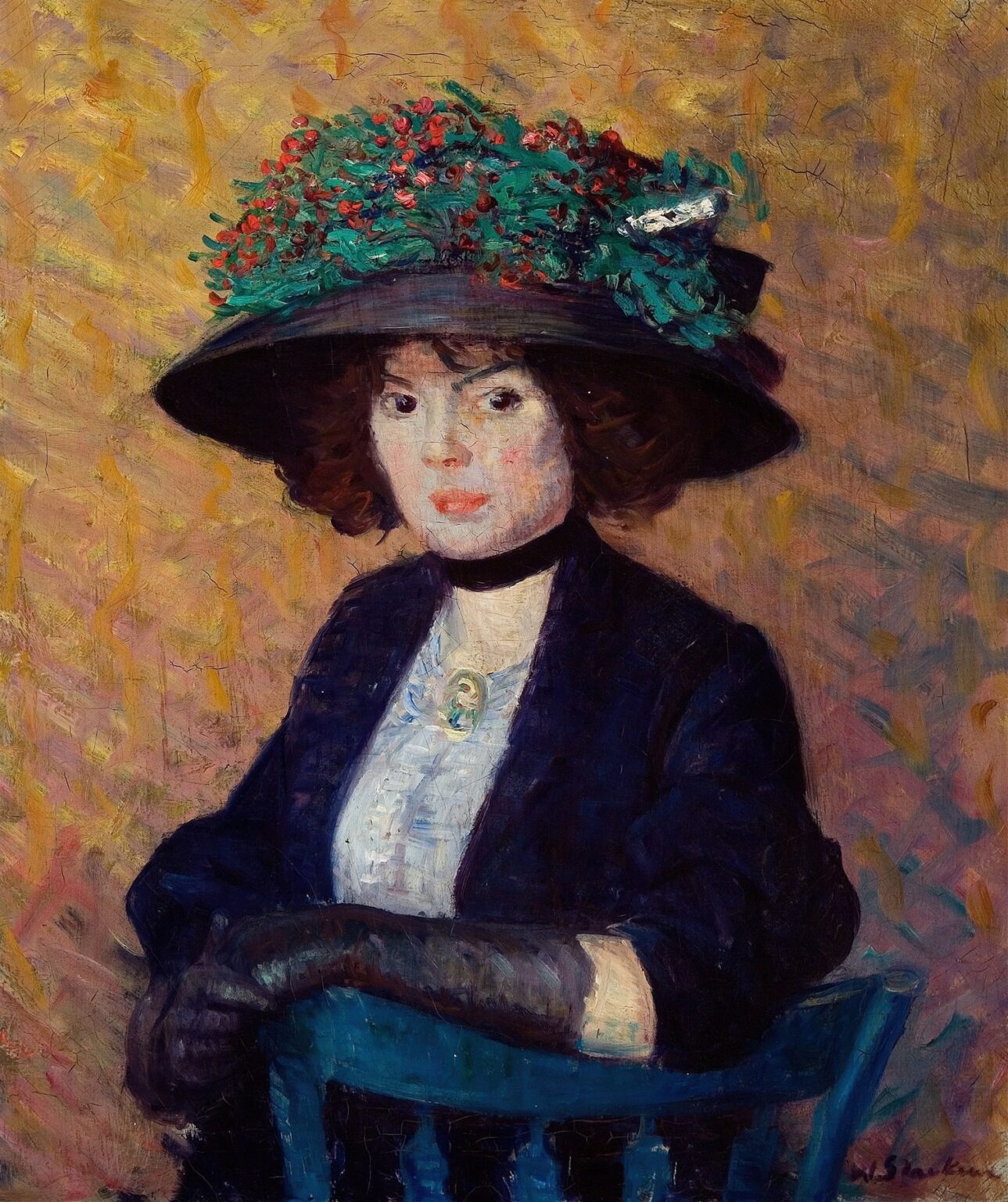 Portrait of a woman seated sideways on a blue chair, wearing a dark jacket, white blouse, long gloves, and a black hat lavishly trimmed with green foliage and red berries, set against a softly textured ochre and mauve background, painted by William James Glackens in 1909.