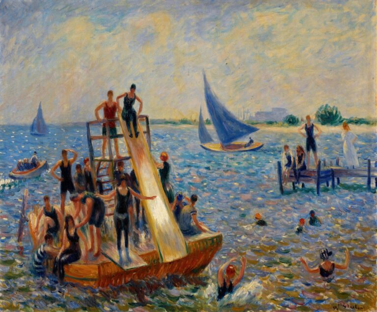 Impressionist painting of a wooden swimming platform with a slide and ladders, crowded with bathers in black swimsuits, surrounded by sparkling blue water and a sailboat in the distance.