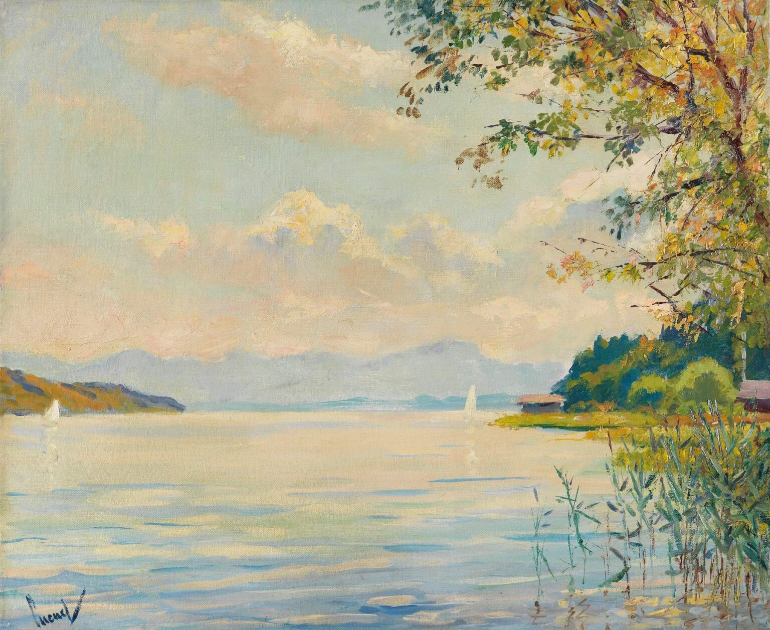 Impressionist oil painting of a tranquil lake with distant misty mountains under a pastel sky, framed by leafy branches and reflected ripples on sunlit water.