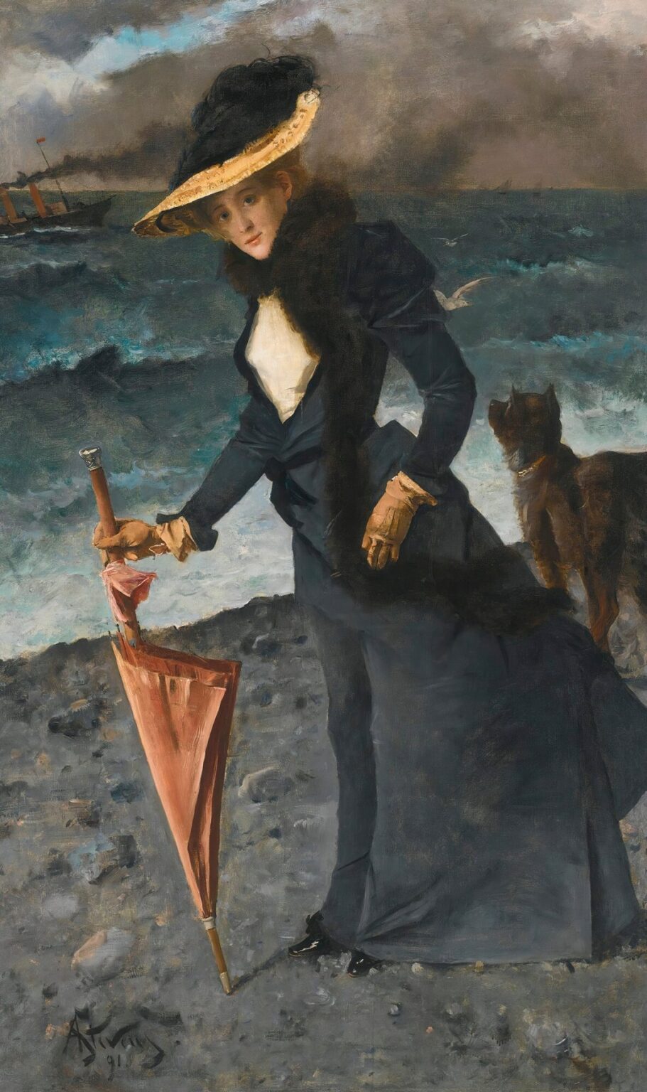 A wind‑blown woman in a dark skirt suit and fur collar grips a closed pink umbrella on a rocky shore, a steamship and choppy sea behind her under a stormy sky.