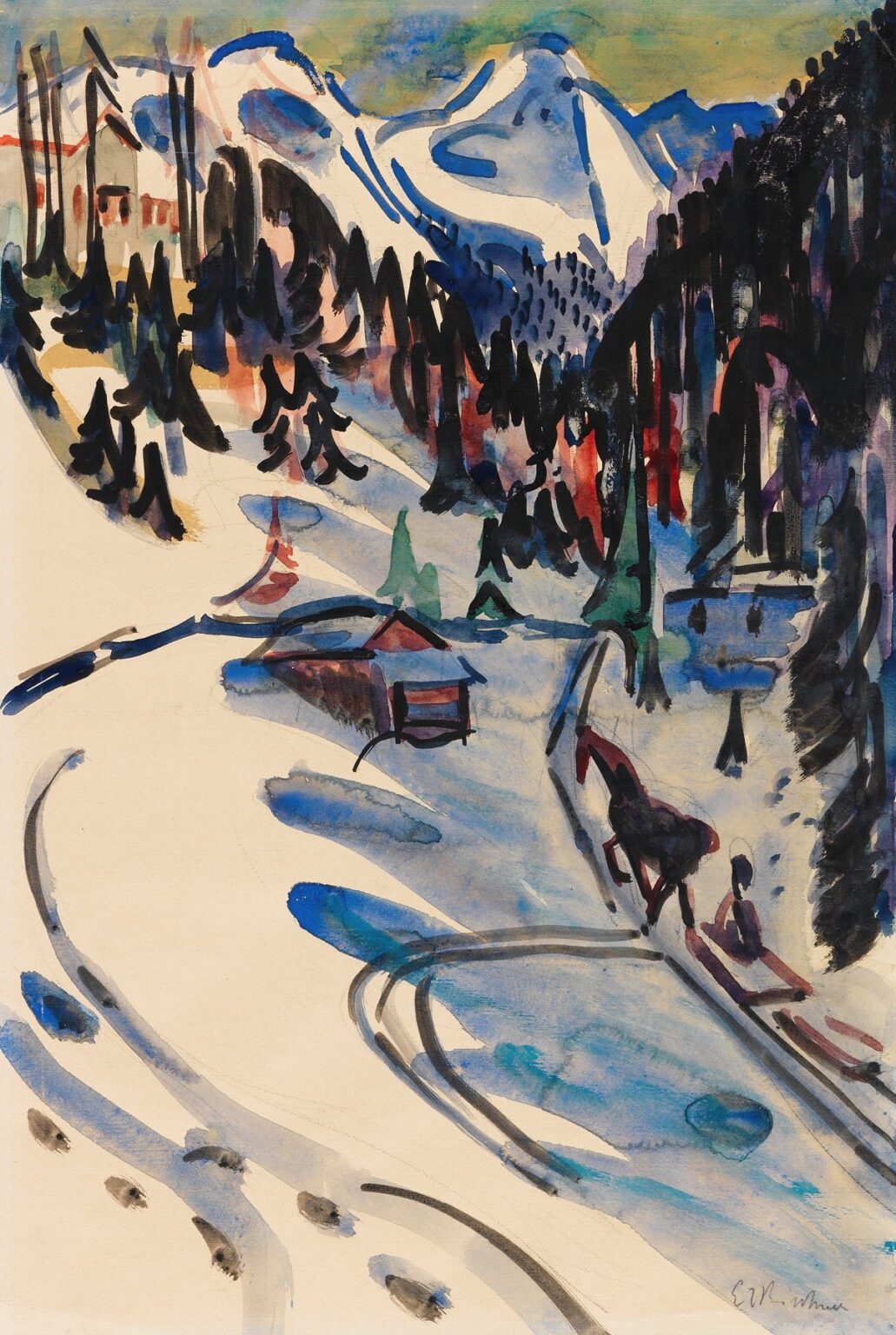 Expressionist landscape by Ernst Ludwig Kirchner depicting a snow-covered alpine valley with winding slopes, dark conifer forests, sunlit chalets, and distant peaks, rendered in vivid blues, greens, and ochres.
