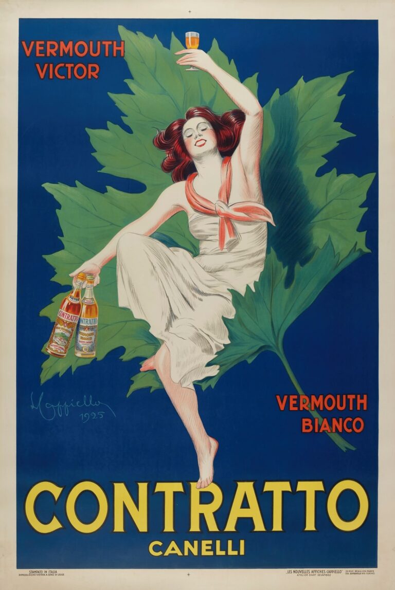 A stylized red-haired woman in a white dress leaps before a giant green vine leaf against a blue background, holding a glass of vermouth aloft and two bottles of Contratto vermouth at her side.