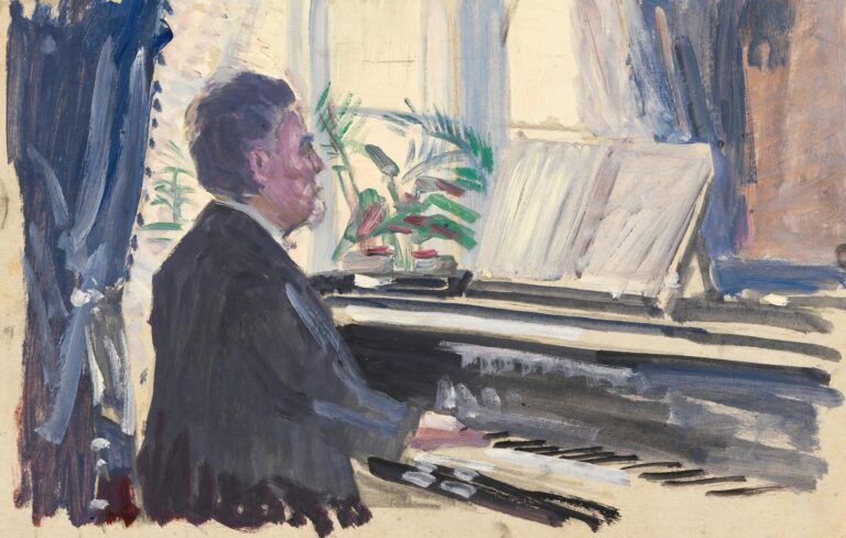 Gouache and watercolor study of a man in profile seated at a piano, his hands hovering above the keys, framed by deep blue drapes and a sunlit window with potted plants beyond.