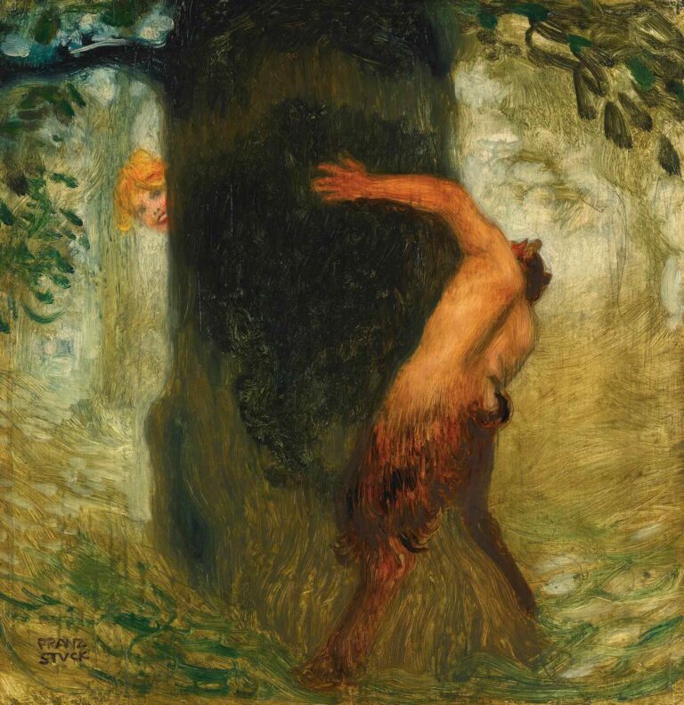 Mythological scene with a pale nymph peering from behind dark foliage, offering a coy smile to a hesitant satyr whose goat‑legs and horns emerge from shadows.