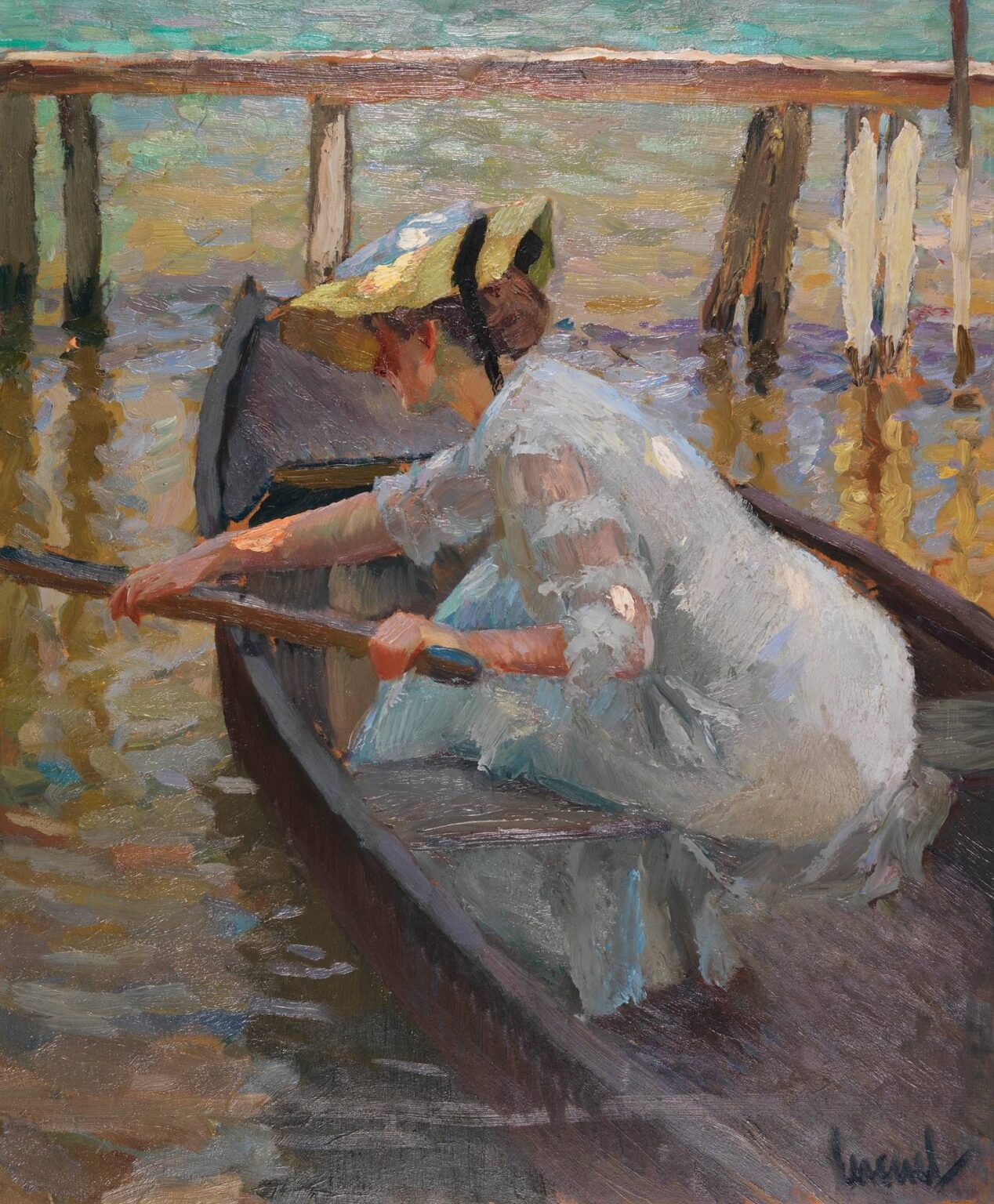 Impressionist oil painting of a woman in a white lace dress and yellow bonnet rowing a small wooden boat at dusk, with golden and aqua reflections on gently rippling water beneath a wooden dock.