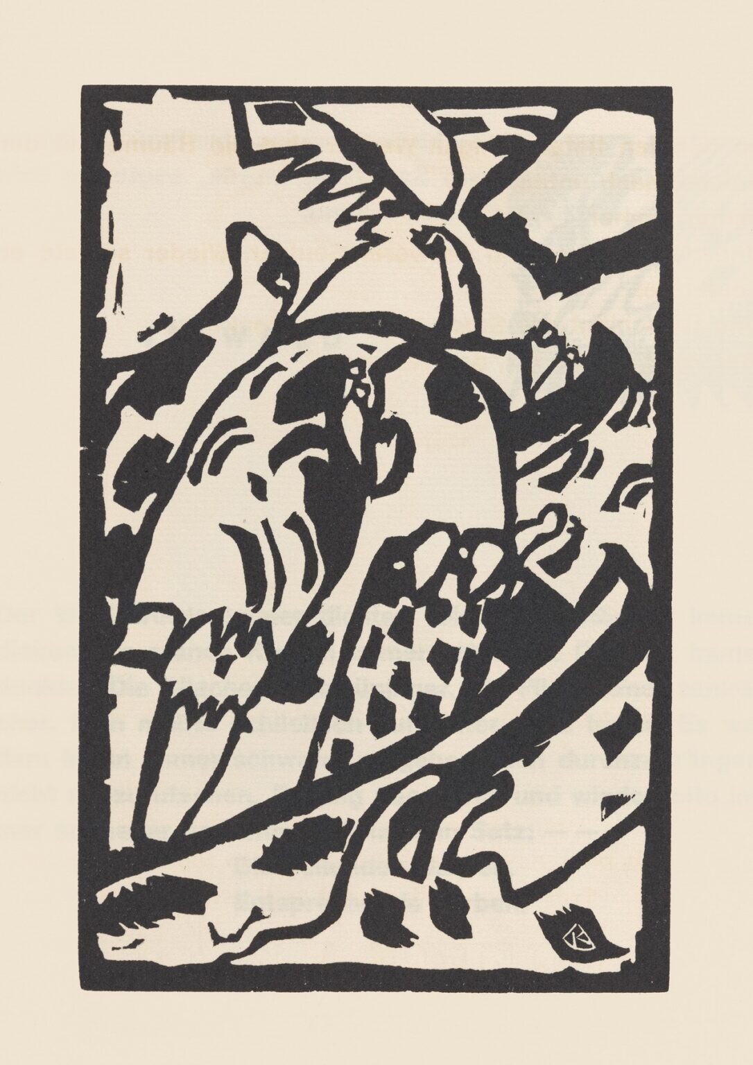 High-contrast black woodcut print of abstract angular and curved shapes arranged in a rectangular frame, evoking rhythmic movement and musical intervals.