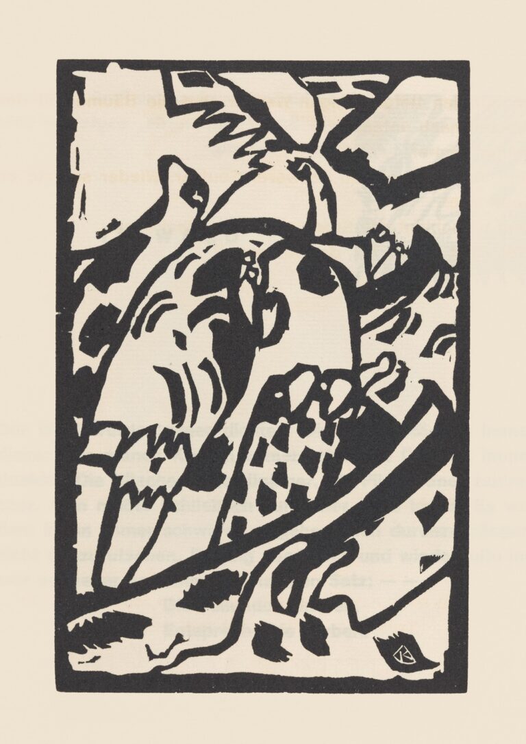 High-contrast black woodcut print of abstract angular and curved shapes arranged in a rectangular frame, evoking rhythmic movement and musical intervals.