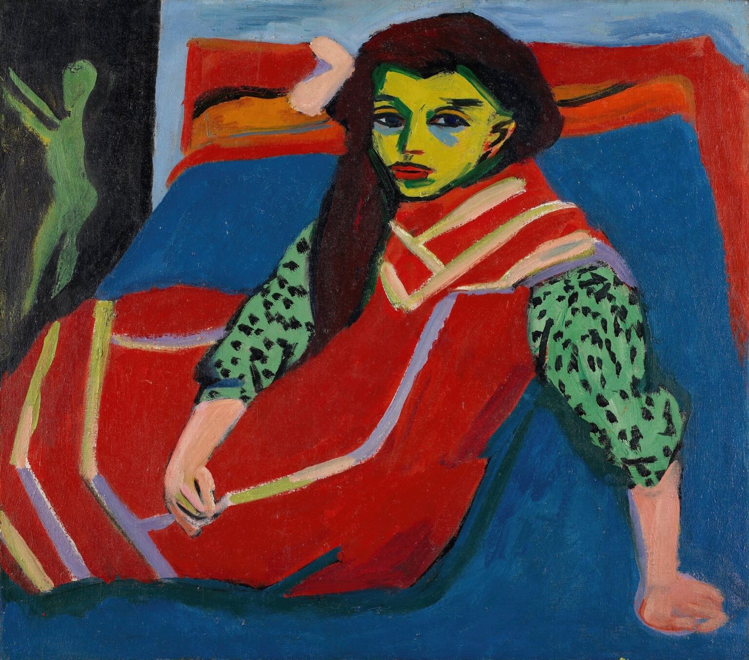 Expressionist painting by Ernst Ludwig Kirchner depicting a girl reclining diagonally against a red and blue background, her face rendered in vivid green highlights and outlined in bold brushstrokes, with an abstract green silhouette behind her.