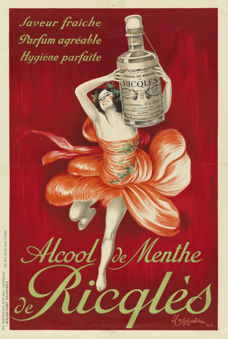 Art Deco–style poster showing a red-haired, wreath-crowned woman dancing in a flowing orange dress against a deep red background; she holds a large bottle of Ricqlès mint spirit in one hand and raises a filled glass in the other, with green mint-leaf motifs and minimalist pale green text.