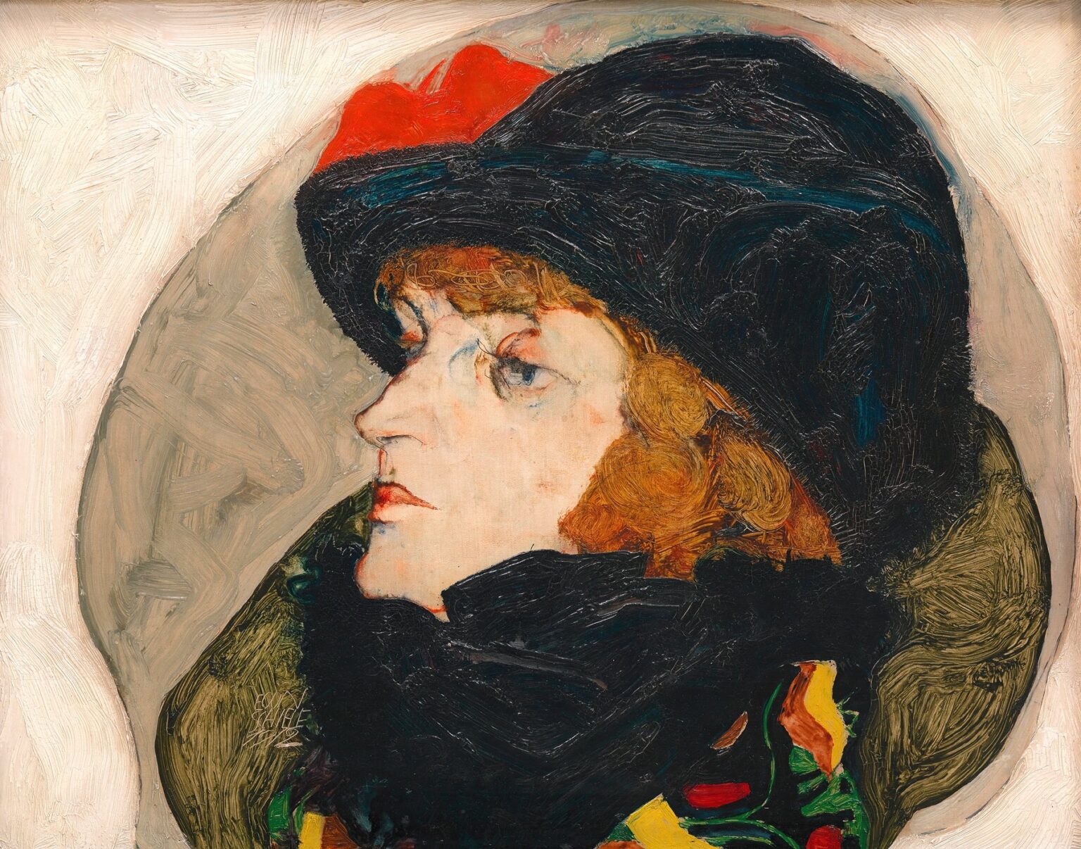 Three-quarter profile oil portrait of a red-haired woman in a black wide-brimmed hat with a red ribbon, her pale face and high-collared coat contrasting against a softly painted gray oval background.