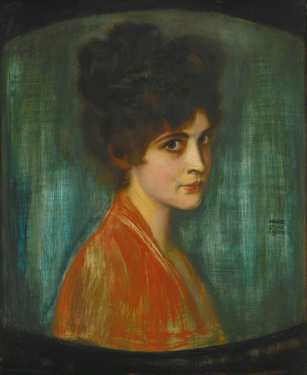 Oil painting of a three‑quarter profile portrait of a woman with dark hair and direct gaze, wearing a red shawl against a softly painted green drapery background.