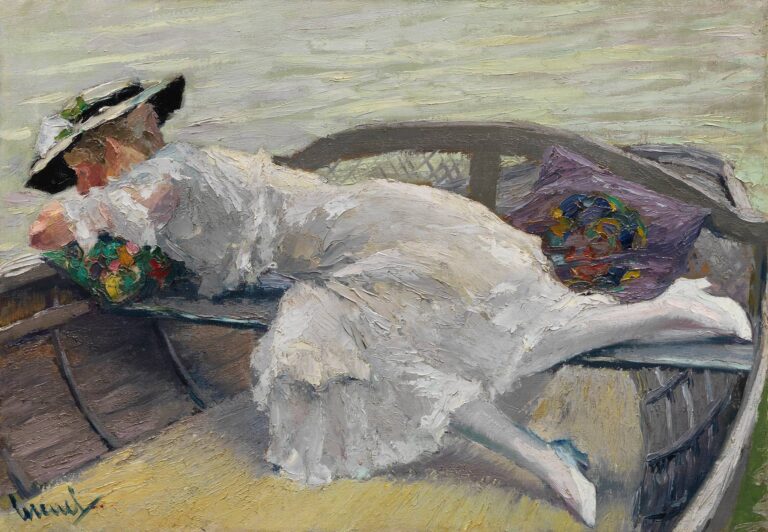 Impressionist oil painting of a woman in a white lace dress and straw hat reclining in a wooden rowboat, her hand skimming calm, golden water under soft evening light.