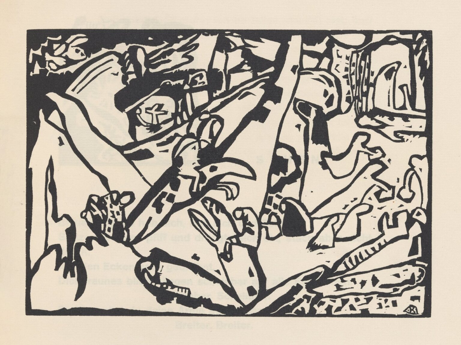 High‑contrast black woodcut of interlocking angular and curved shapes arranged within a rectangular frame, evoking dynamic visual rhythms and silent musical harmony.
