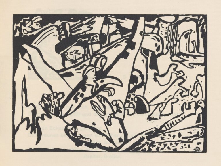 High‑contrast black woodcut of interlocking angular and curved shapes arranged within a rectangular frame, evoking dynamic visual rhythms and silent musical harmony.