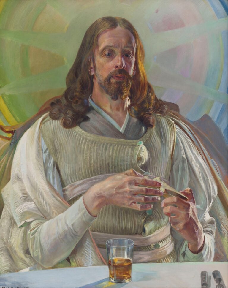 Symbolist painting by Jacek Malczewski showing Christ seated at a table breaking bread for two disciples, with concentric pastel arcs and warm light behind him, capturing the Emmaus revelation.