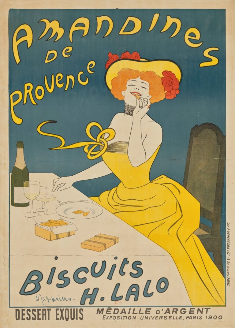 Art Nouveau poster depicting a red-haired woman in a flowing yellow gown reclining at a table as she savors an almond biscuit, set against a teal background with stylized yellow lettering that reads “Amandines de Provence” and “Biscuits H. Lalo.”