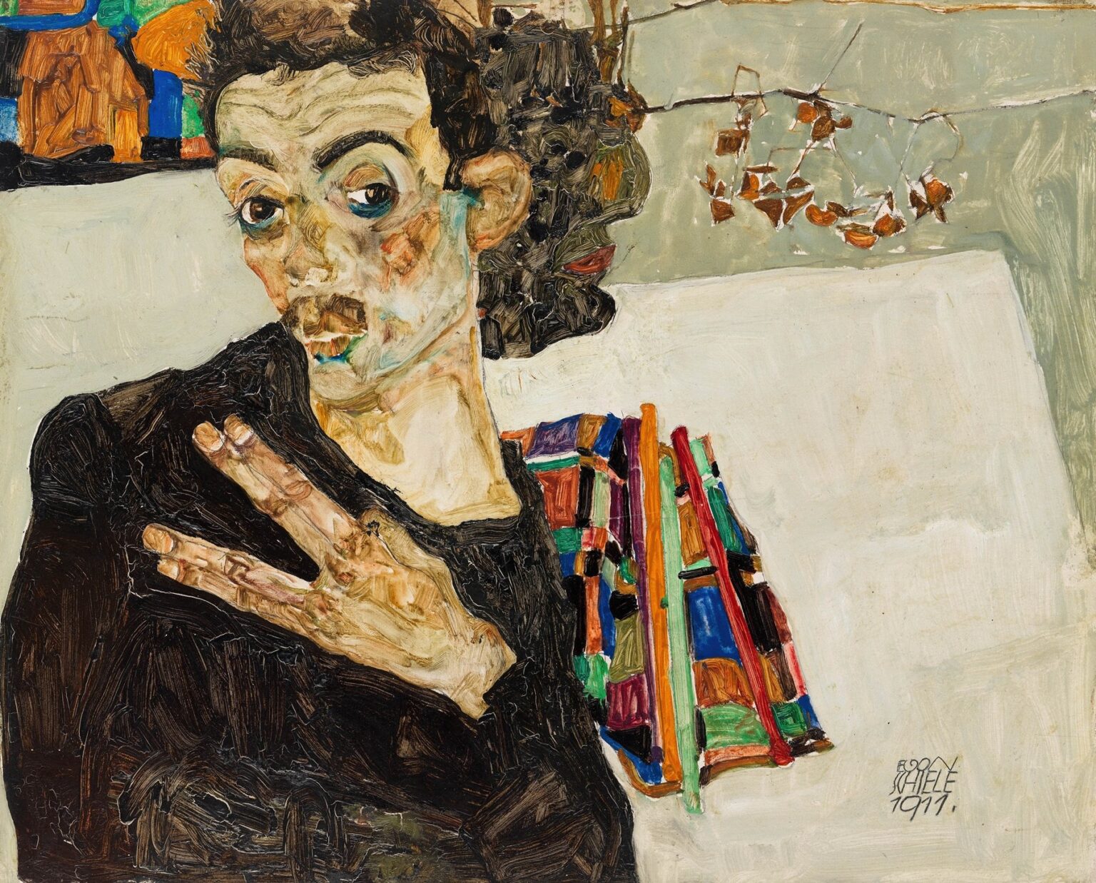 Expressionist self-portrait of Egon Schiele in profile, his hand pressed against his chest, with angular features and dark clothing set against swirling muted background tones.