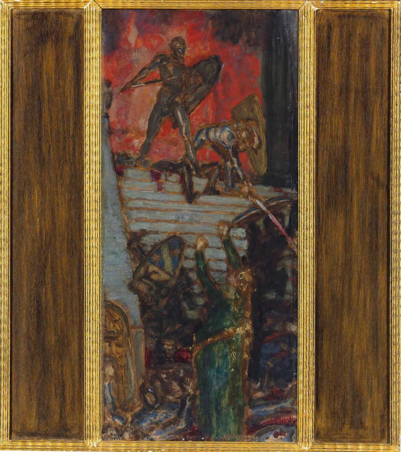 Vertical triptych painting showing two skeletal warriors dueling atop a battlement under a crimson sky, with a green‑robed figure raising arms in despair below, all framed by decorative wooden panels.