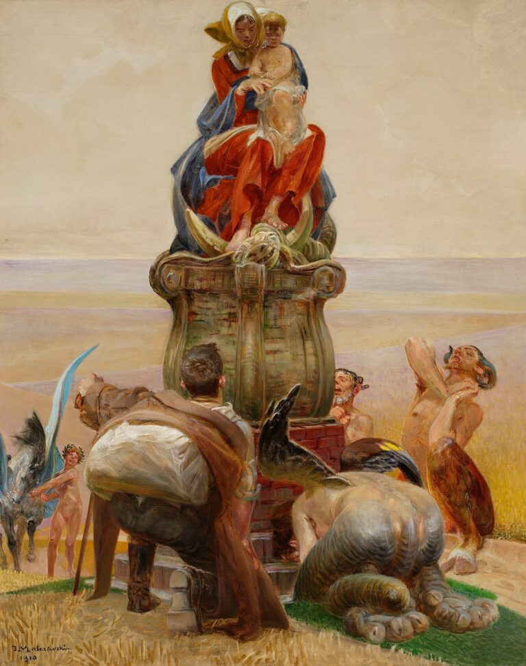 Symbolist oil painting by Jacek Malczewski depicting the Madonna and Child seated on a carved platform, flanked by kneeling figures—a farmer, a bard, and a centaur—in a wheat field under a soft sky.