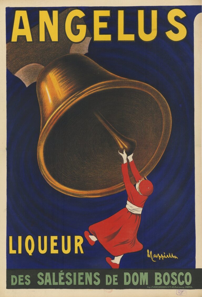 Poster showing a Salesian youth in red cassock reaching up to ring a gigantic golden church bell against a deep blue background; bold yellow letters spell “ANGELUS” at the top and “liqueur des Salésiens de Dom Bosco” at the bottom.