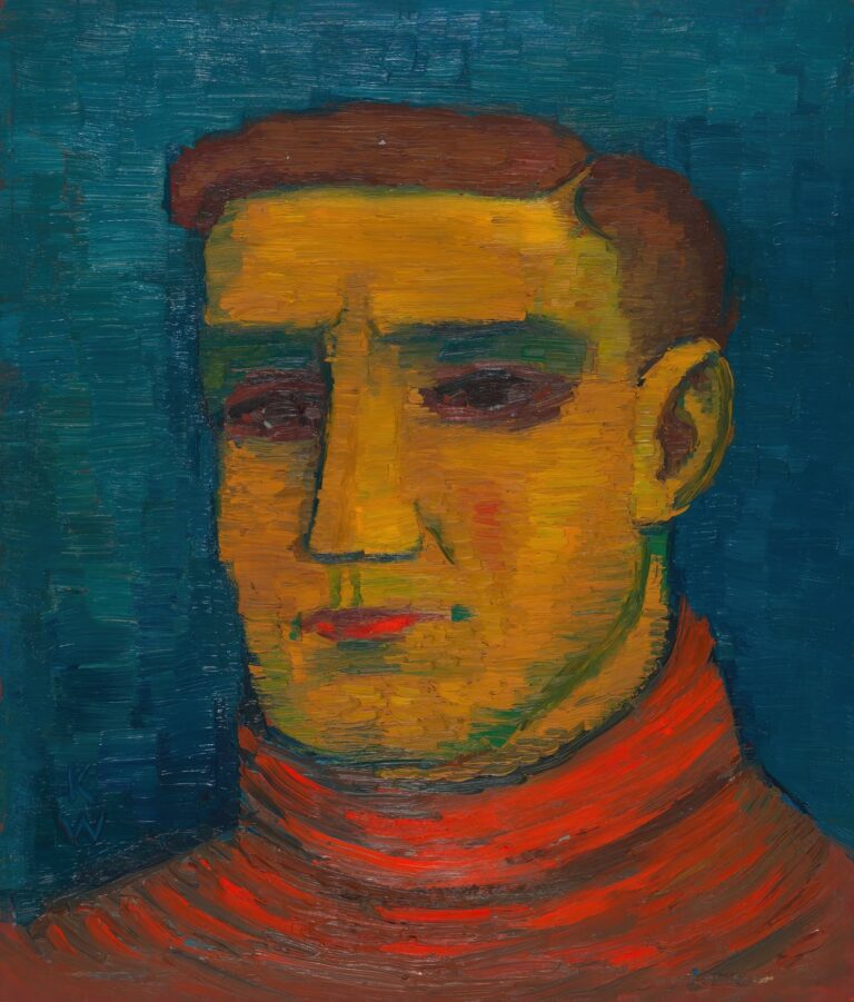 Expressionist oil portrait of a man’s head and shoulders painted in vivid yellow skin tones and red turtleneck against a deep turquoise background, with visible brushstrokes and bold contours.