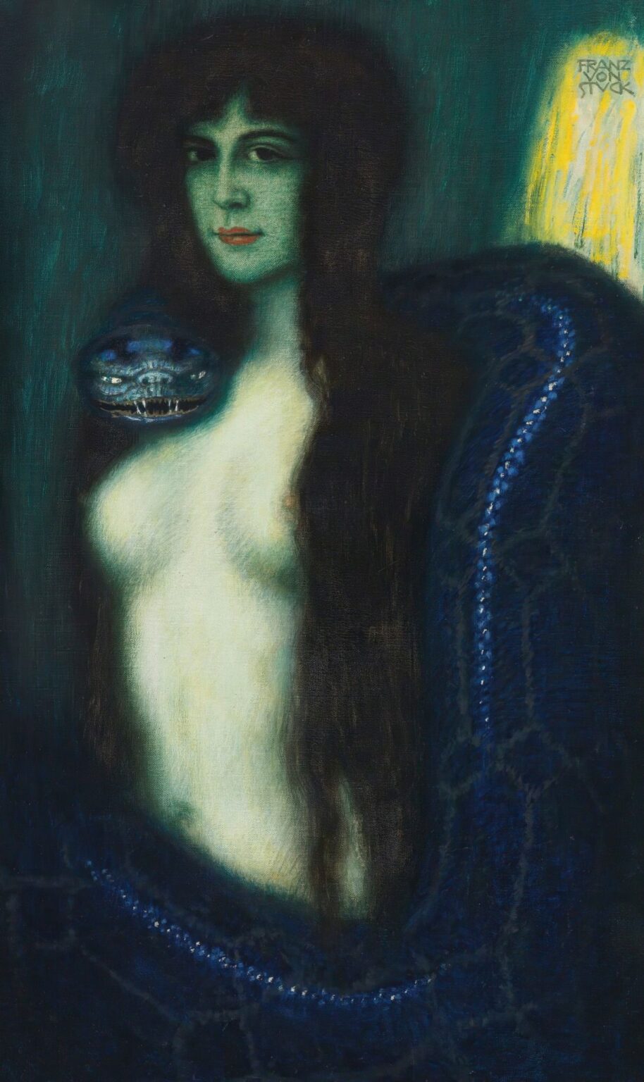 Symbolist painting of a nude woman with golden hair and red lips, her body entwined by a blue serpent, set against a glowing crimson background and enveloped in shadow.