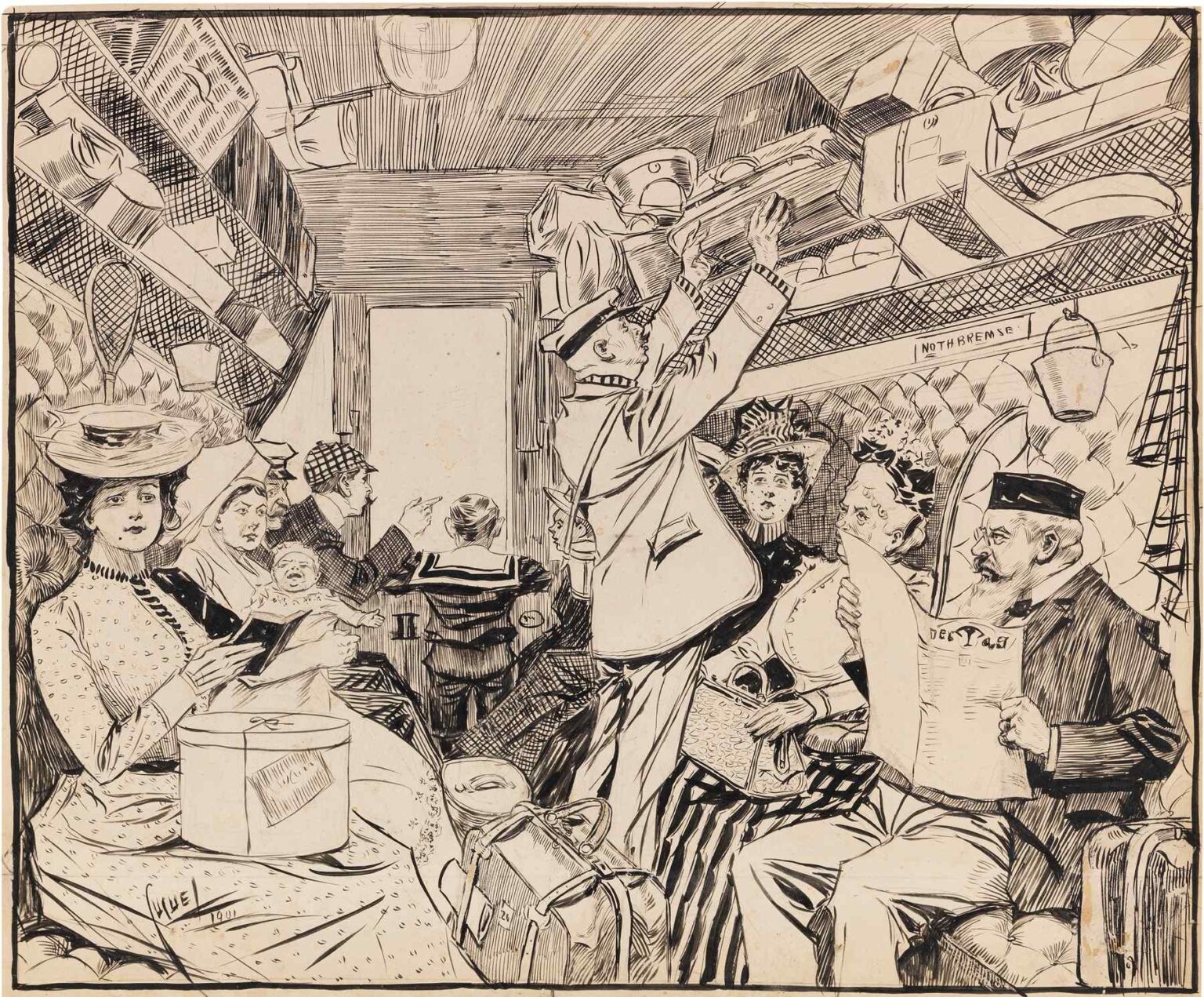 Pen‑and‑ink drawing of a crowded train compartment with passengers reading, soothing a baby, and a porter balancing luggage on overhead racks.