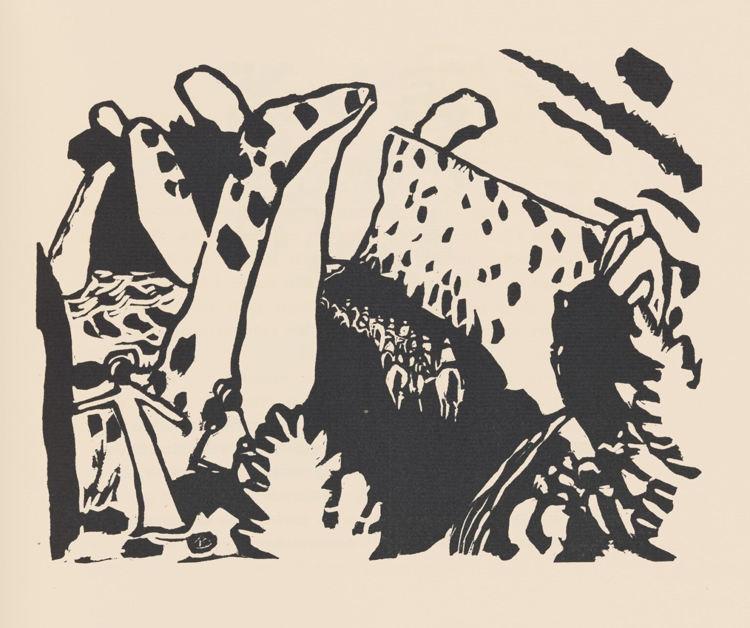 Black‑and‑white woodcut featuring a tall central block textured with triangular notches, accompanied by sweeping arcs and jagged bursts, arranged on a white background to evoke a dynamic visual “sound.”