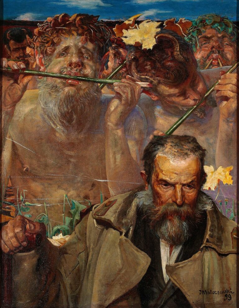Symbolist oil painting by Jacek Malczewski depicting poet Adam Asnyk in the foreground as mythic musicians and satyrs play wind instruments behind him against a horizon of wheat fields and a red band beneath a cobalt sky.