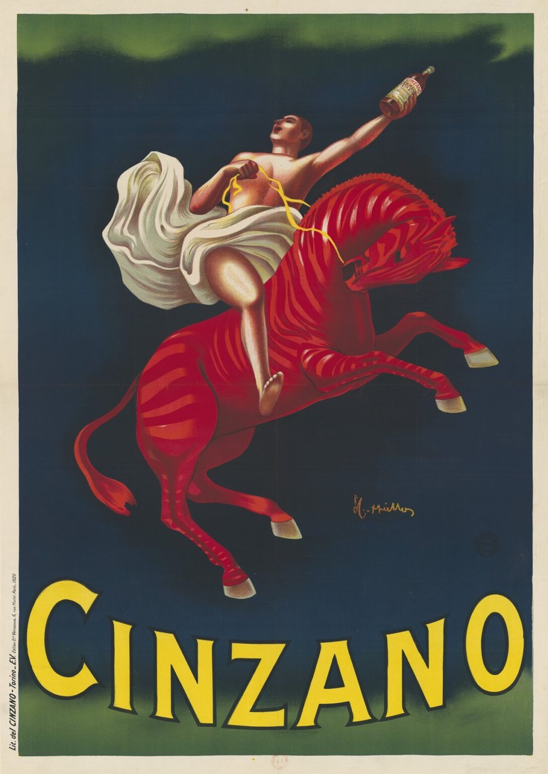 Art Deco poster showing a nude hero on a rearing red horse, reaching skyward to hold a bottle of Cinzano liqueur against a dark blue background, with large yellow “CINZANO” text at the bottom.