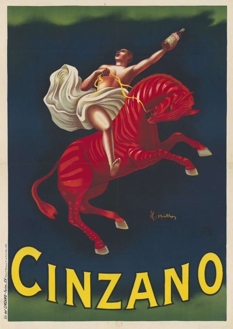 Art Deco poster showing a nude hero on a rearing red horse, reaching skyward to hold a bottle of Cinzano liqueur against a dark blue background, with large yellow “CINZANO” text at the bottom.
